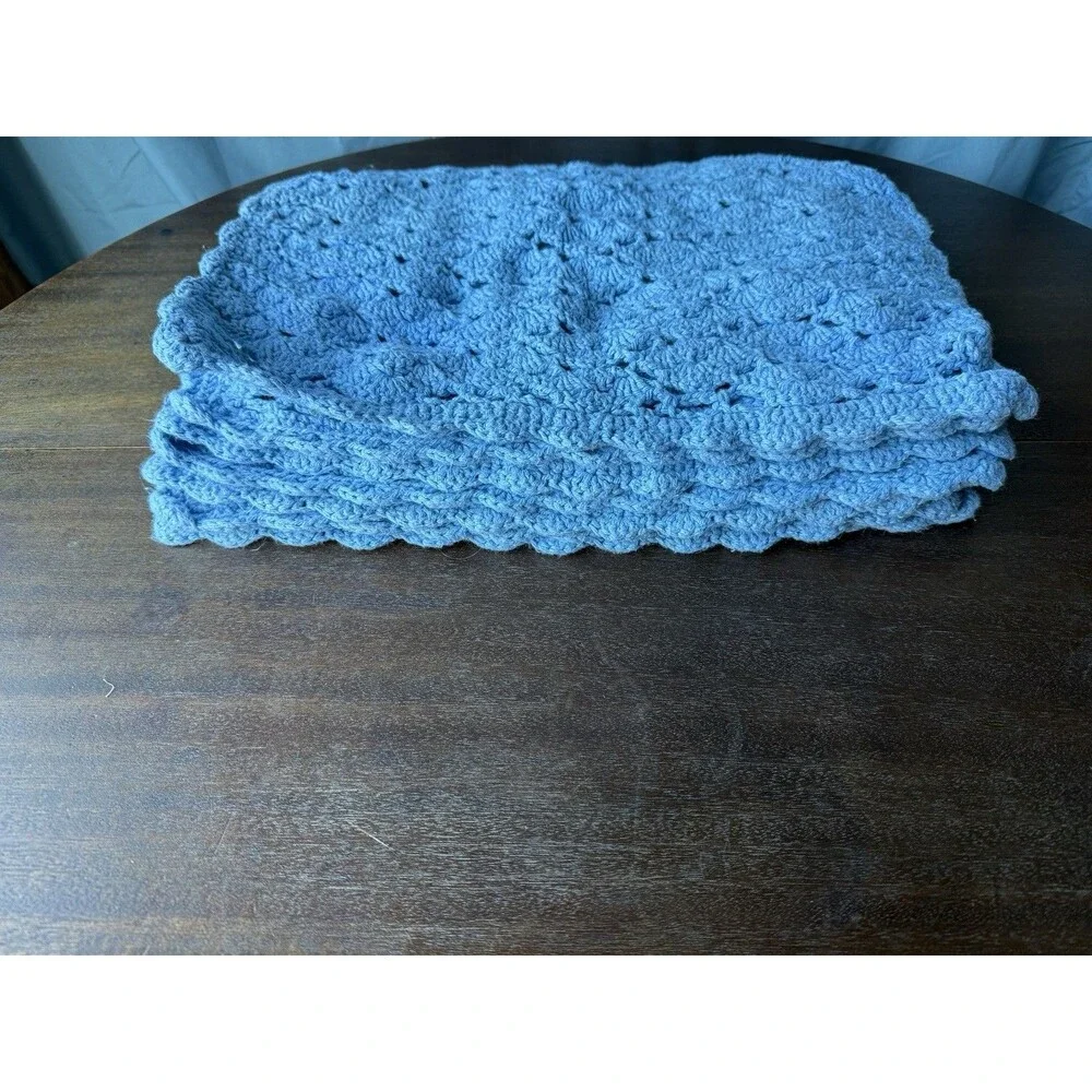 Set Of 8 Handmade Blue Crochet Placemats 17.5” X 11.5”